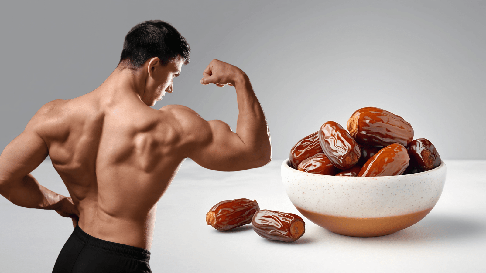 a man flexing his muscles next to a bowl of dates