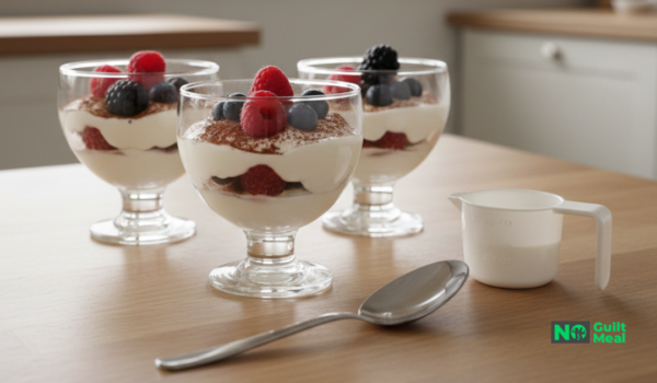 Trzy szklane pucharki z warstwowym deserem jogurtowym, posypanym kakao i udekorowanym świeżymi malinami oraz borówkami, stojące na drewnianym stole.