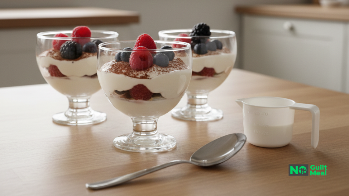 Trzy szklane pucharki z warstwowym deserem jogurtowym, posypanym kakao i udekorowanym świeżymi malinami oraz borówkami, stojące na drewnianym stole.
