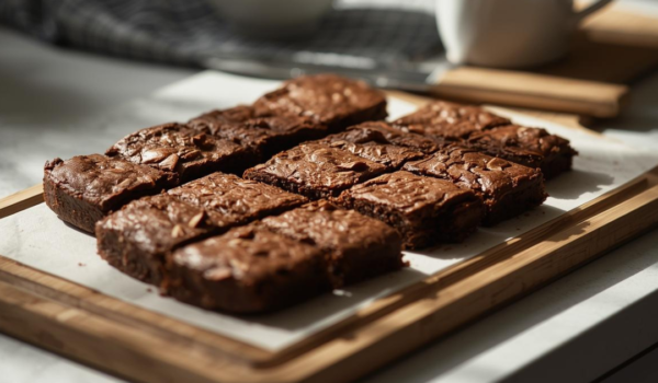 Kawałki czekoladowego brownie ułożone na drewnianej desce w jasnym, naturalnym świetle słonecznym.