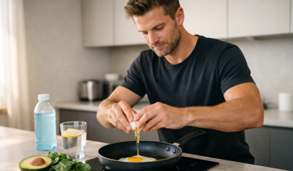 Mężczyzna przygotowujący posiłek keto w kuchni – jajka, awokado i warzywa na blacie, pierwszy dzień diety ketogenicznej