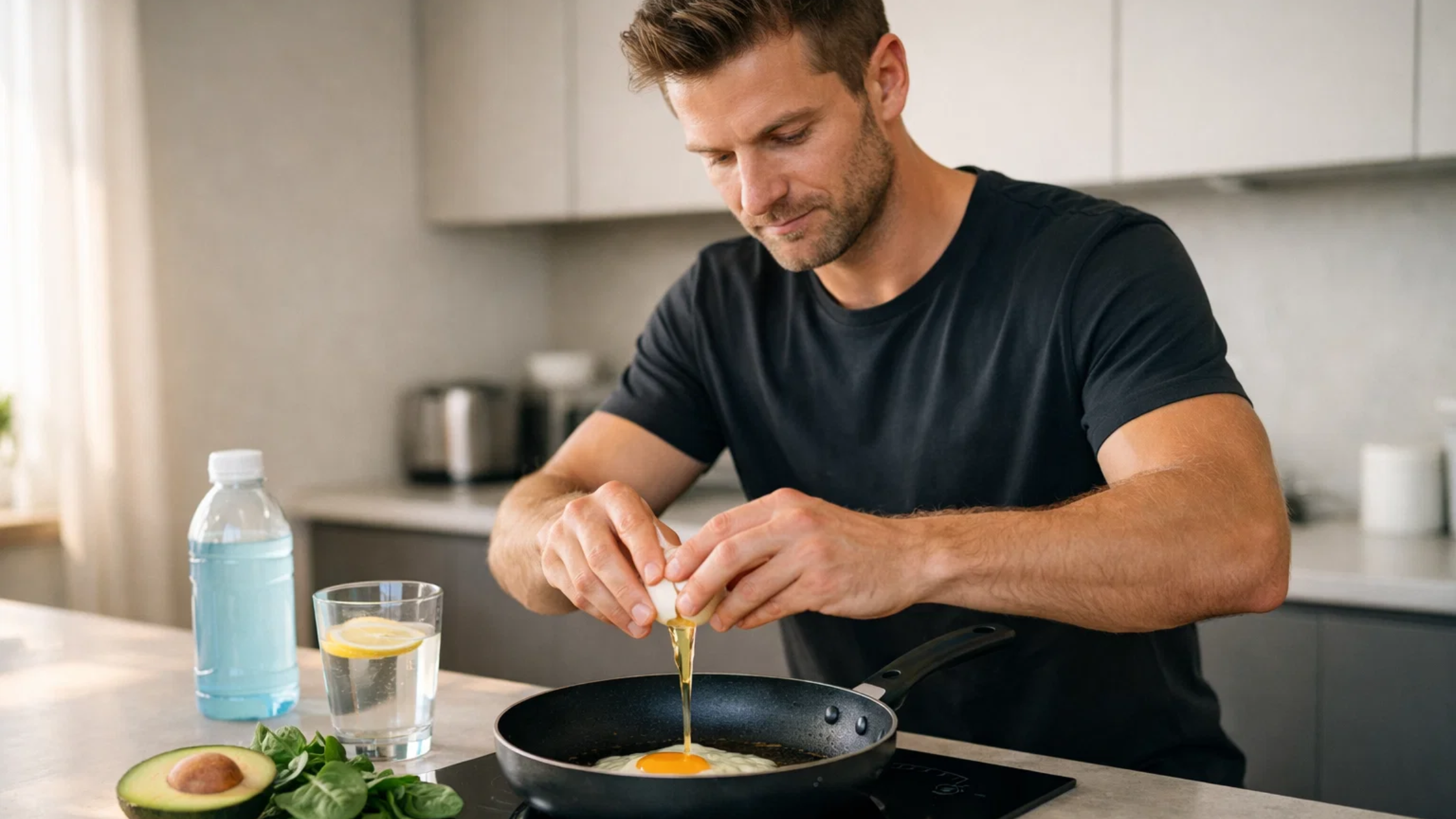 Mężczyzna przygotowujący posiłek keto w kuchni – jajka, awokado i warzywa na blacie, pierwszy dzień diety ketogenicznej